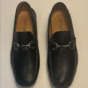 Saks Fifth Avenue Black Pebbled Leather Slip-On Loafers Shoes Silver Horse bit